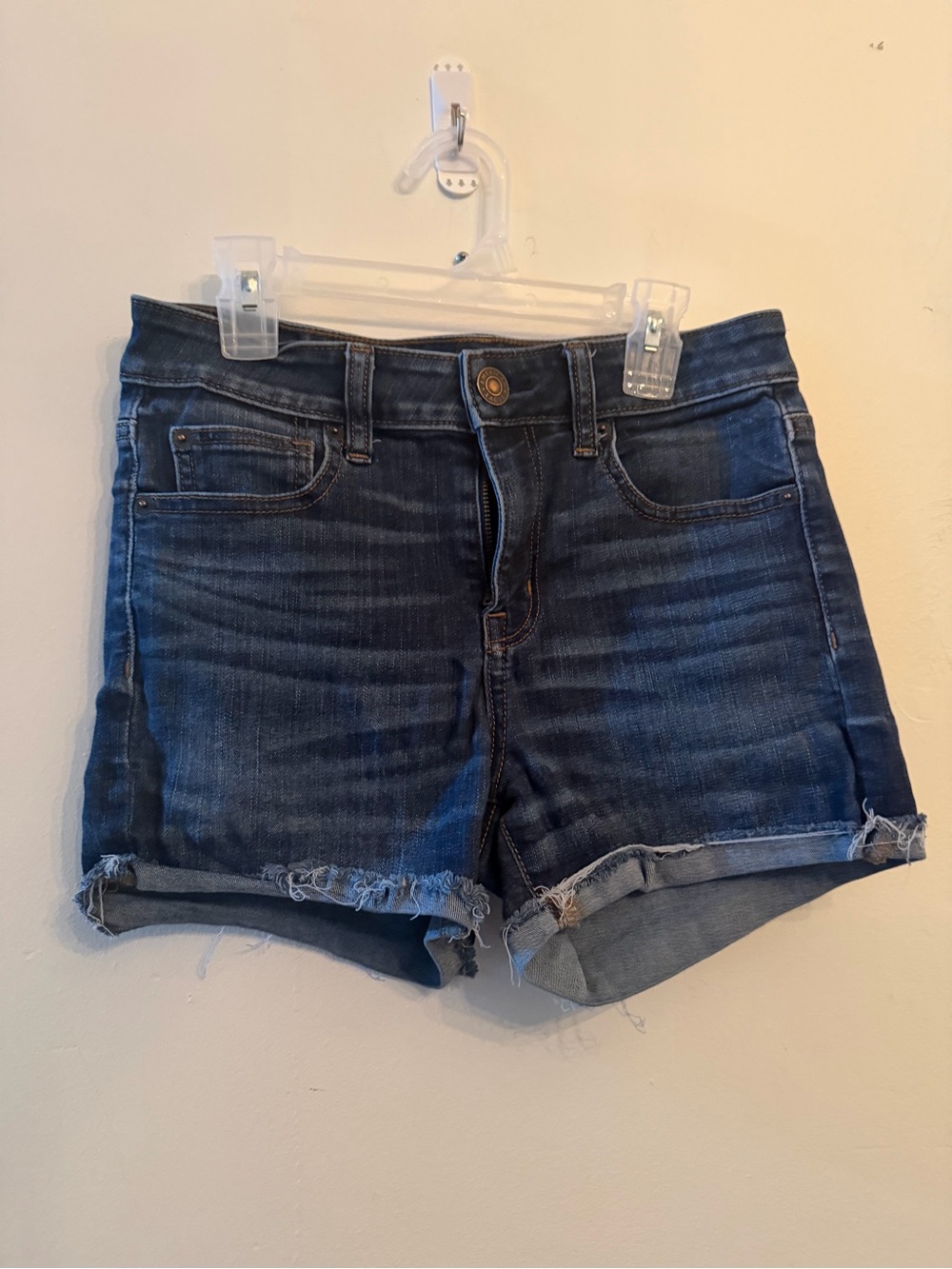 American Eagle Outfitters Dark Blue Distressed Roll-Cuff Jean Shorts